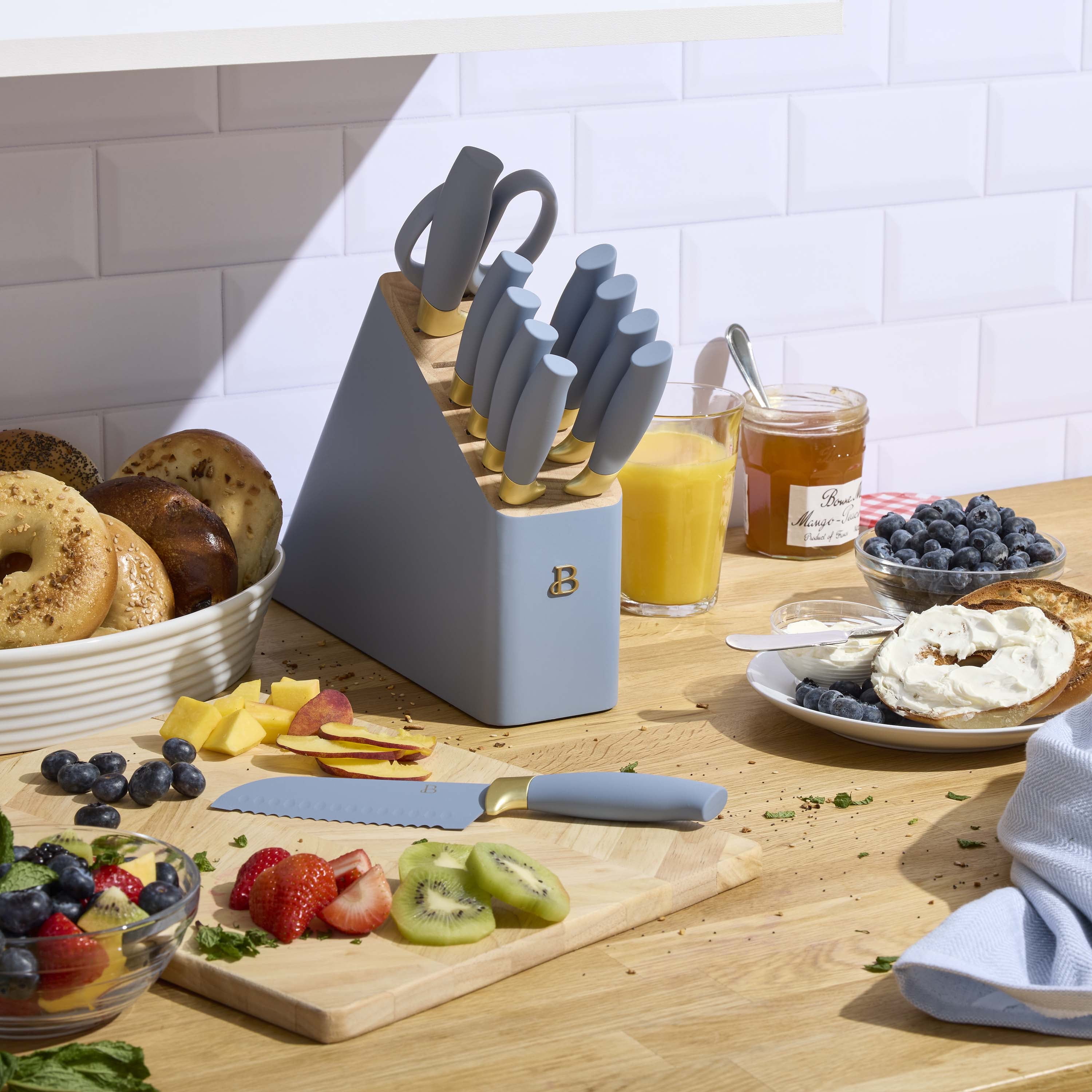 Beautiful 12 Piece Cornflower & Gold Knife Block Set with Soft-Grip Ergonomic Handles by Drew Barrymore