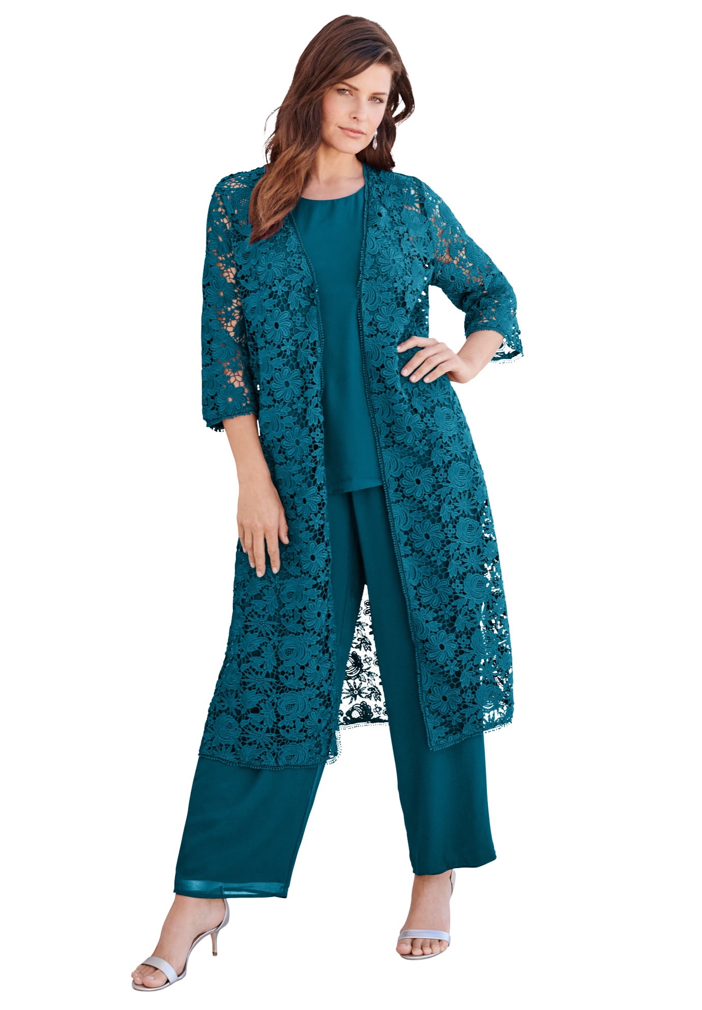 Roamans Womens Plus Size Three-Piece Lace Duster & Pant Set Duster Tank Formal Evening Wide Leg Trousers 