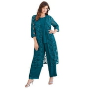 Roaman's Women's Plus Size Three-Piece Lace Duster & Pant Suit