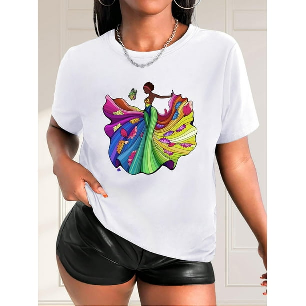 Camiseta con estampado de mariposas de la Reina Bailarina, manga corta, cuello redondo, informal, para verano y primavera, ropa de mujer, camiseta deportiva de ocio.
