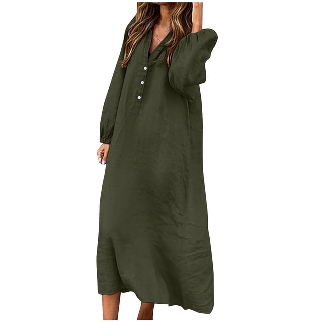 Robe à Manches Longues pour Femmes, Mode Hiver Décontractée, Col en V, Unie, Boutonnée, Robe Longue d'Été