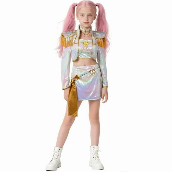 Girls Pop Singer Cos Outfit Set for Party Theme Dress Up Birthday Gifts Pop Singer Pendant Dance Stage Outfits Set(5-6 Years)