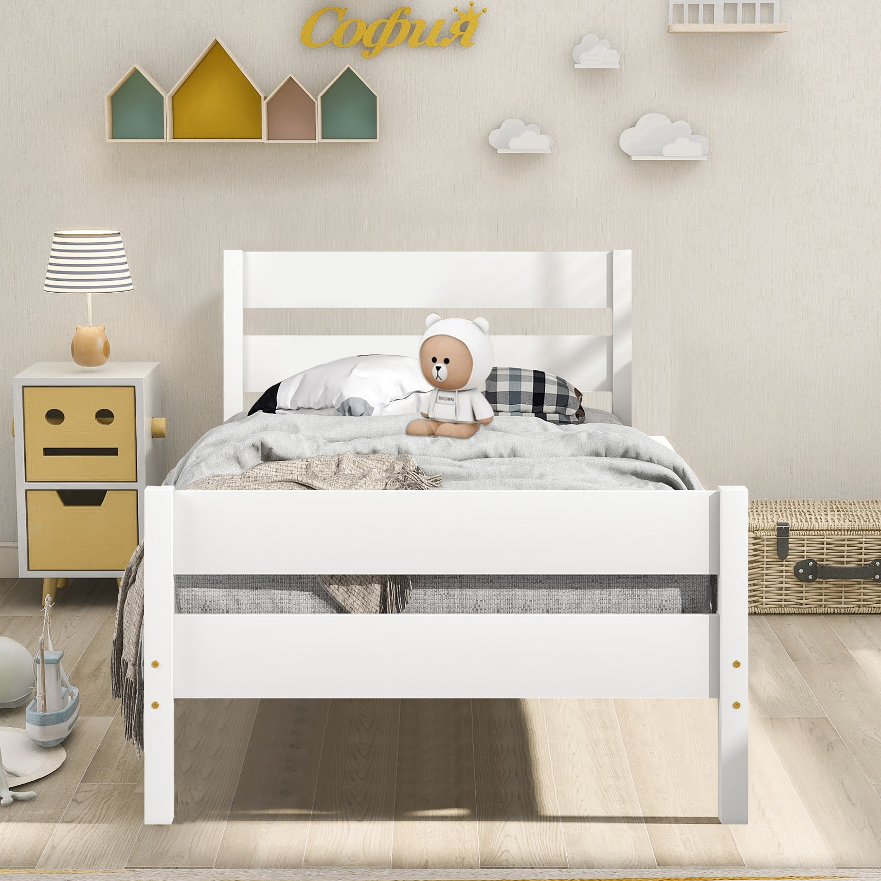 Wood Kids Twin Platform Bed Frame with Headboard and Footboard for Boys