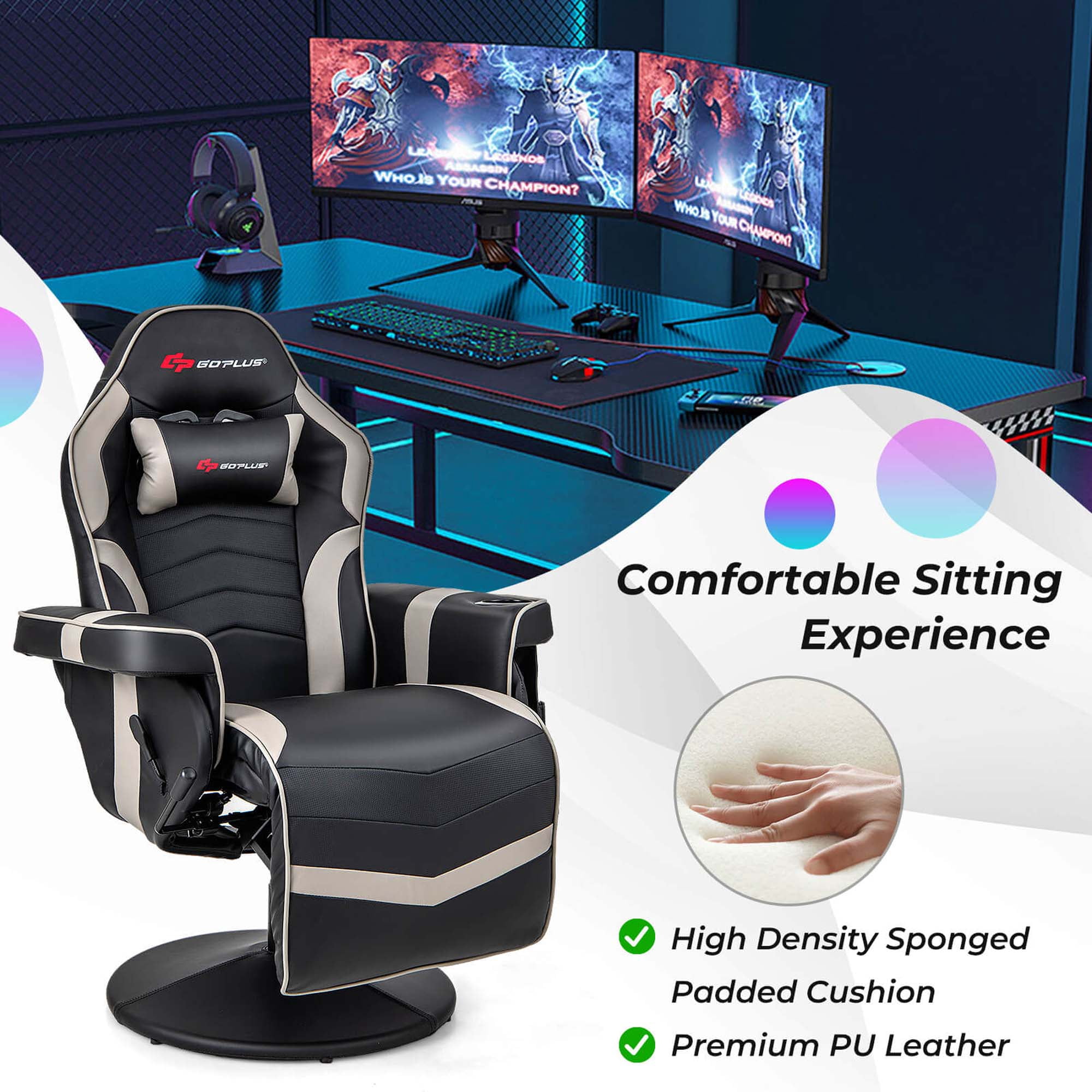 Goplus Massage Gaming Recliner Height Adjustable Racing Swivel Chair with Cup Holder Grey
