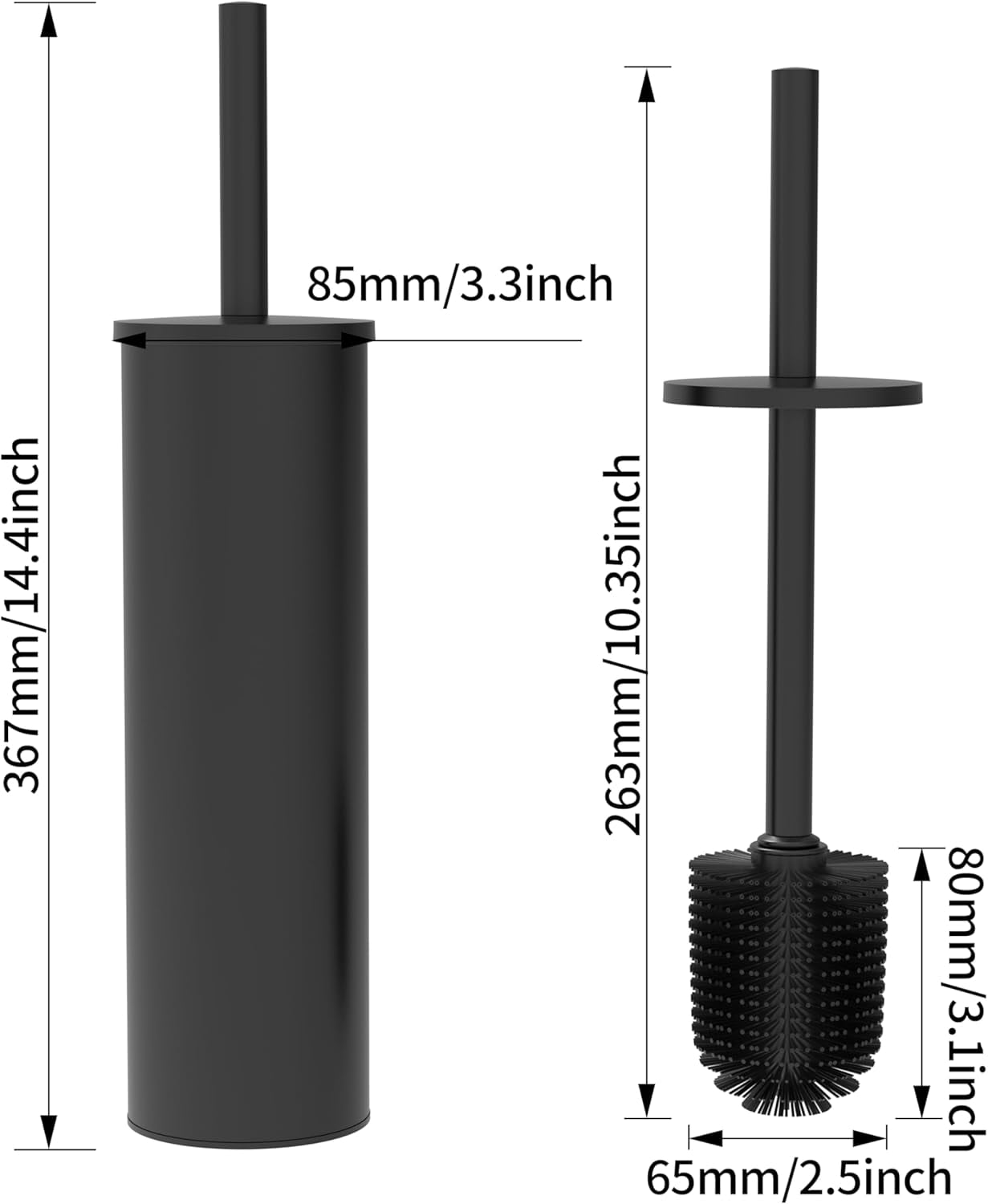 Toilet Brush and Holder Set, 2 Pack Toilet Bowl Brush with Caddy for Bathroom, Toilet Cleaner Brush with Stainless Steel Handle & Durable Bristles, Splash Proof（Matte Black）