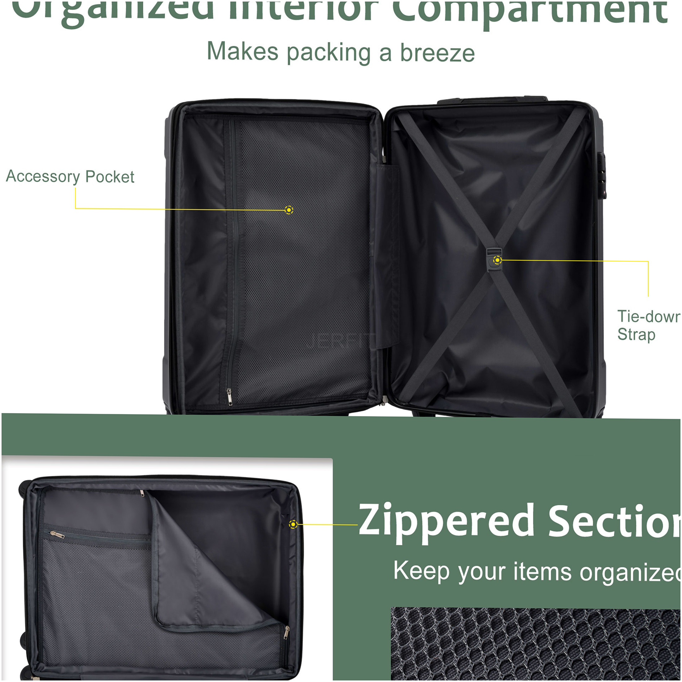 JERFIT 24" Expandable Hardshell Suitcase, Lightweight ABS Checked Luggage with TSA Lock & 8 Spinner Wheels, Green