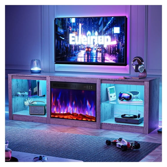 70 Inch Fireplace TV Stand 80" TV, Electric Log Fire Insert, Entertainment Center Gray