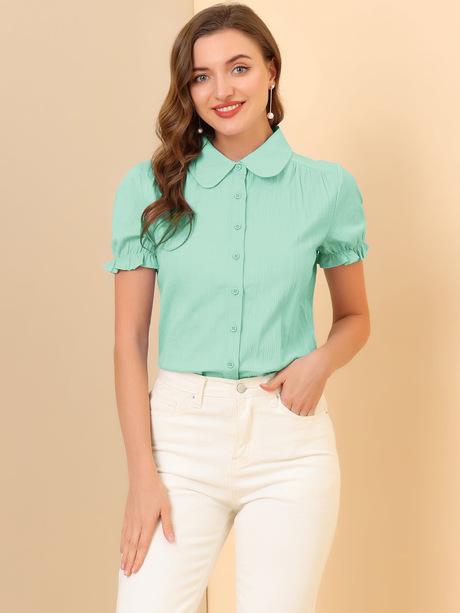 DARING DIVA Women's Collar Shirt Cotton Short Sleeve Button Down Shirt L Pine Green