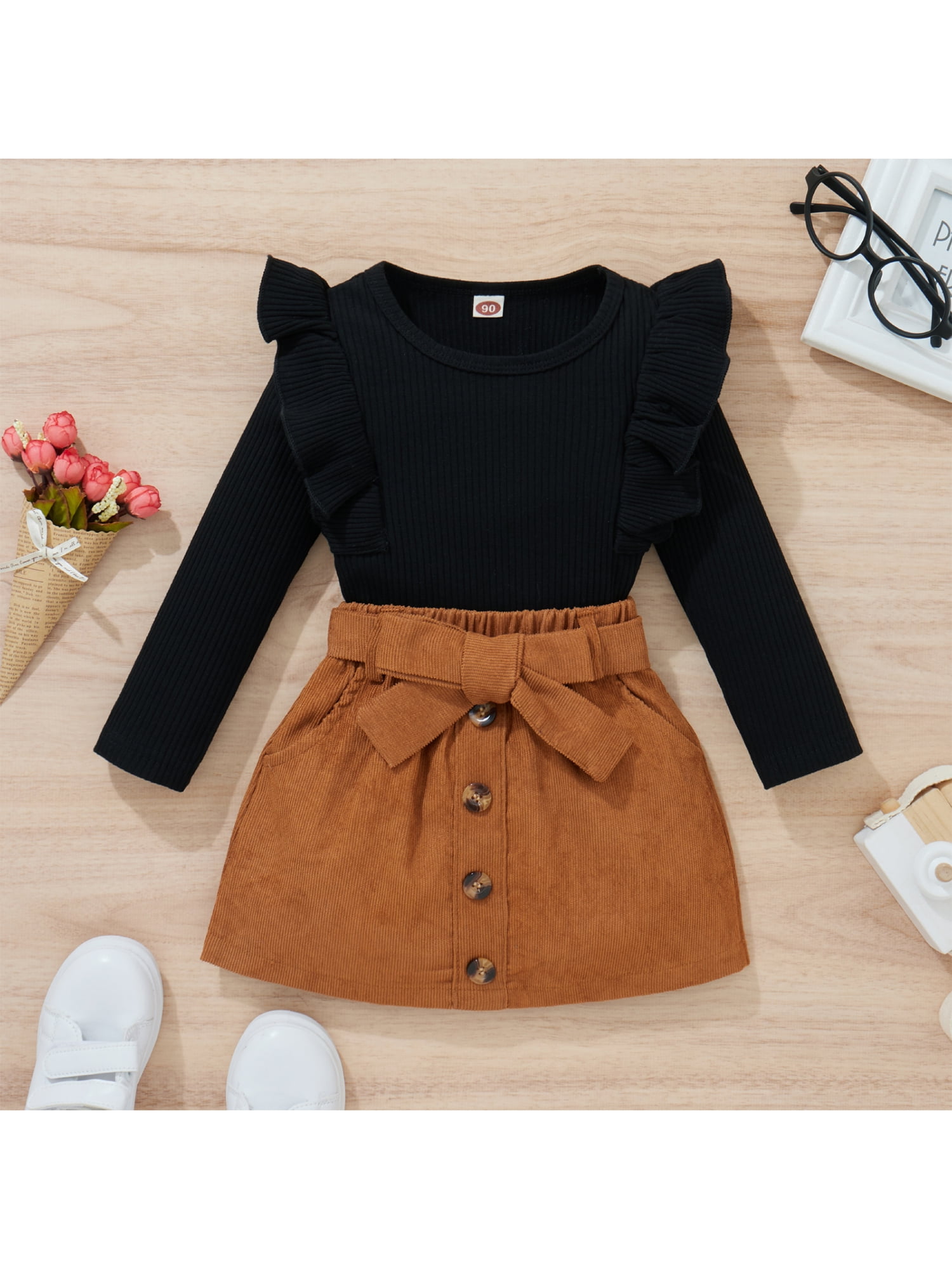 2pcs Toddler Girl Floral Print Button Design Ruffled Camisole and Bowknot Design Skirt Set