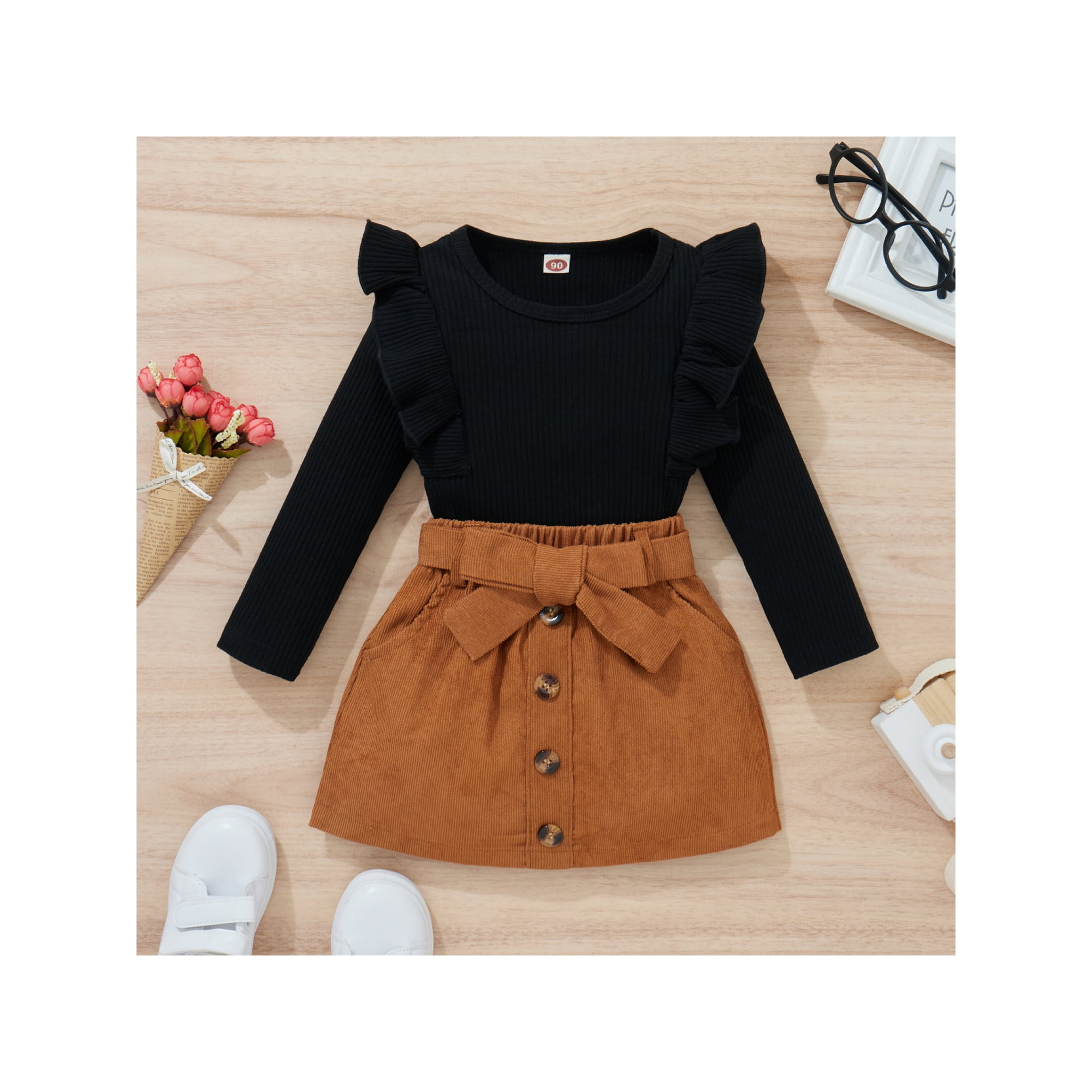 Xingqing Baby Girls Autumn Spring Clothes Ruffle Knit Long Sleeve Pullover Tops Bow Button A Line Skirts Set Black 2 3 Years Black