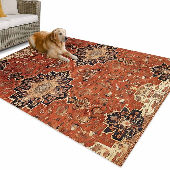 Outdoor Rug 6x9 ft Orange Boho Floral Waterproof Outdoor Patio Rug Mat Non Slip Outside Area Rugs Carpet for RV,Camping,Porch,Deck,Pool,Balconybackyard,Medieval Ethnic Vintage Texture