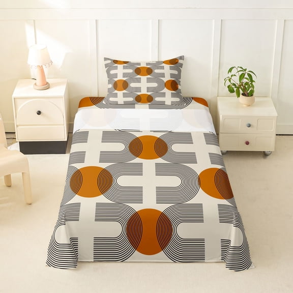 Castle Fairy Retro Geometric Pattern Twin Sheet Sets 3pcs for Adults, Abstract Art Bedding for Bedroom, Orange Beige