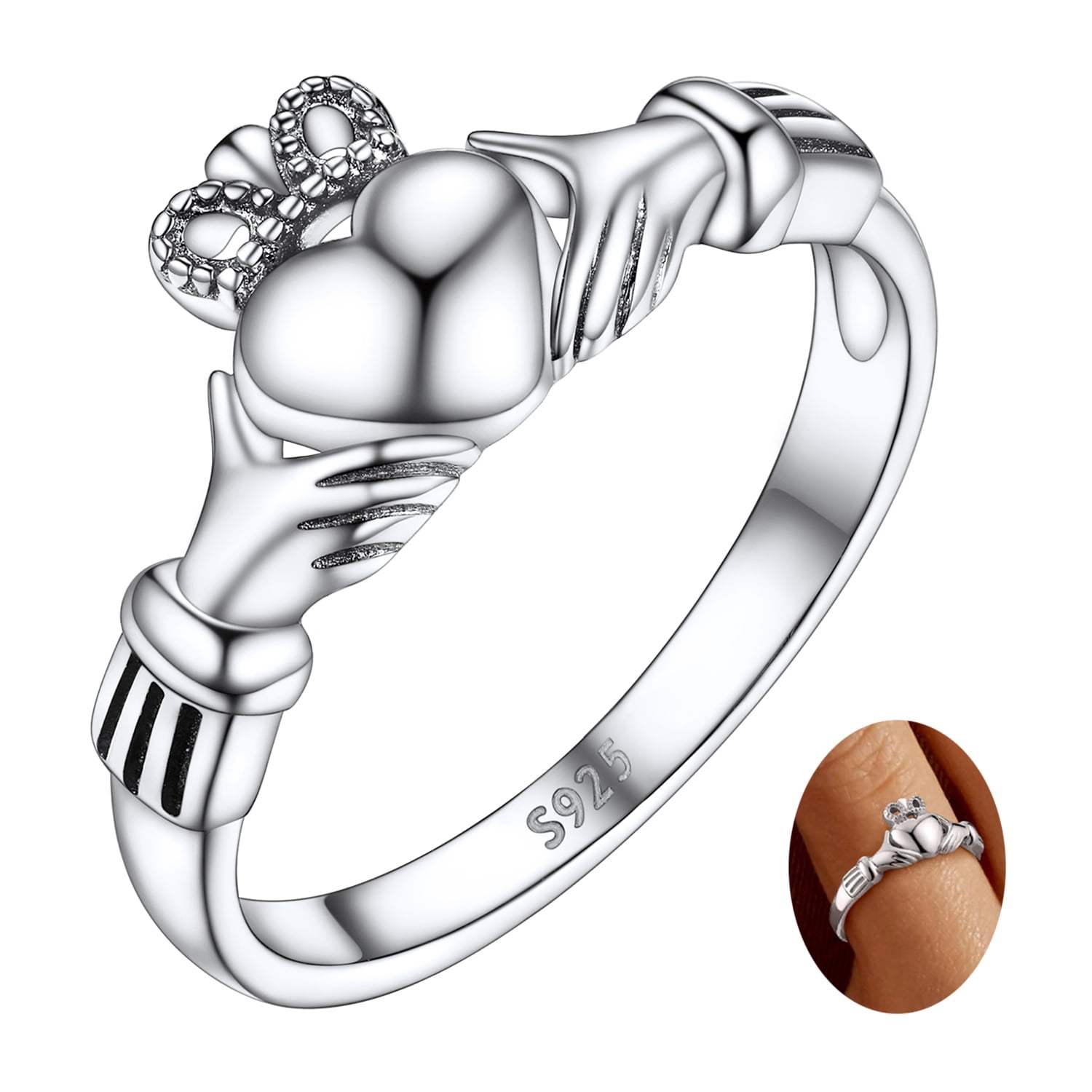 FaithHeart 925 Sterling Silver Irish Claddagh Ring for Women, Stackable Love Heart Celtic Knot Ring Crown Promise Engagement Wedding Band Jewelry Gift for Love Friendship Size 7