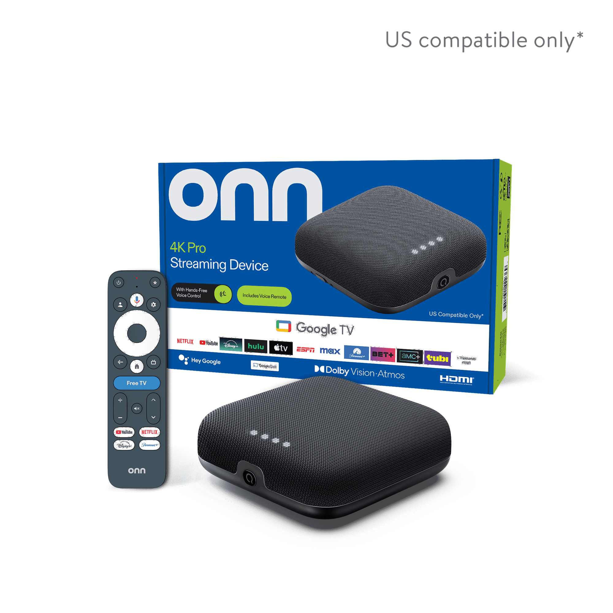 onn 4K Pro Streaming Device, Google TV with Gemini - Ultra-fast Streaming, Stunning 4K UHD, 32GB Storage, 3GB RAM, Dolby Vision & Atmos, Find My Remote with Backlight - U.S. Compatible only