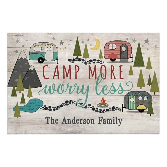 Personalized Planet 27x18 Camp More Worry Less Doormat with Custom Family Name Printed on Taupe Rectangular 1/8” Thick Non Slip Mat with Vintage Campers for RVs Campsite Deck or Porch