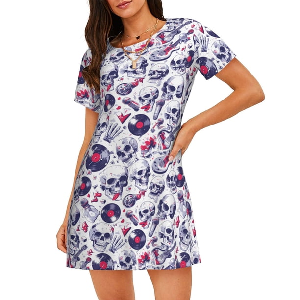 Fotbe music Skull record mike Bata de Dormir para Mujer con Estampado, Camisón de Algodón de Manga Corta, Ropa de Dormir Casual