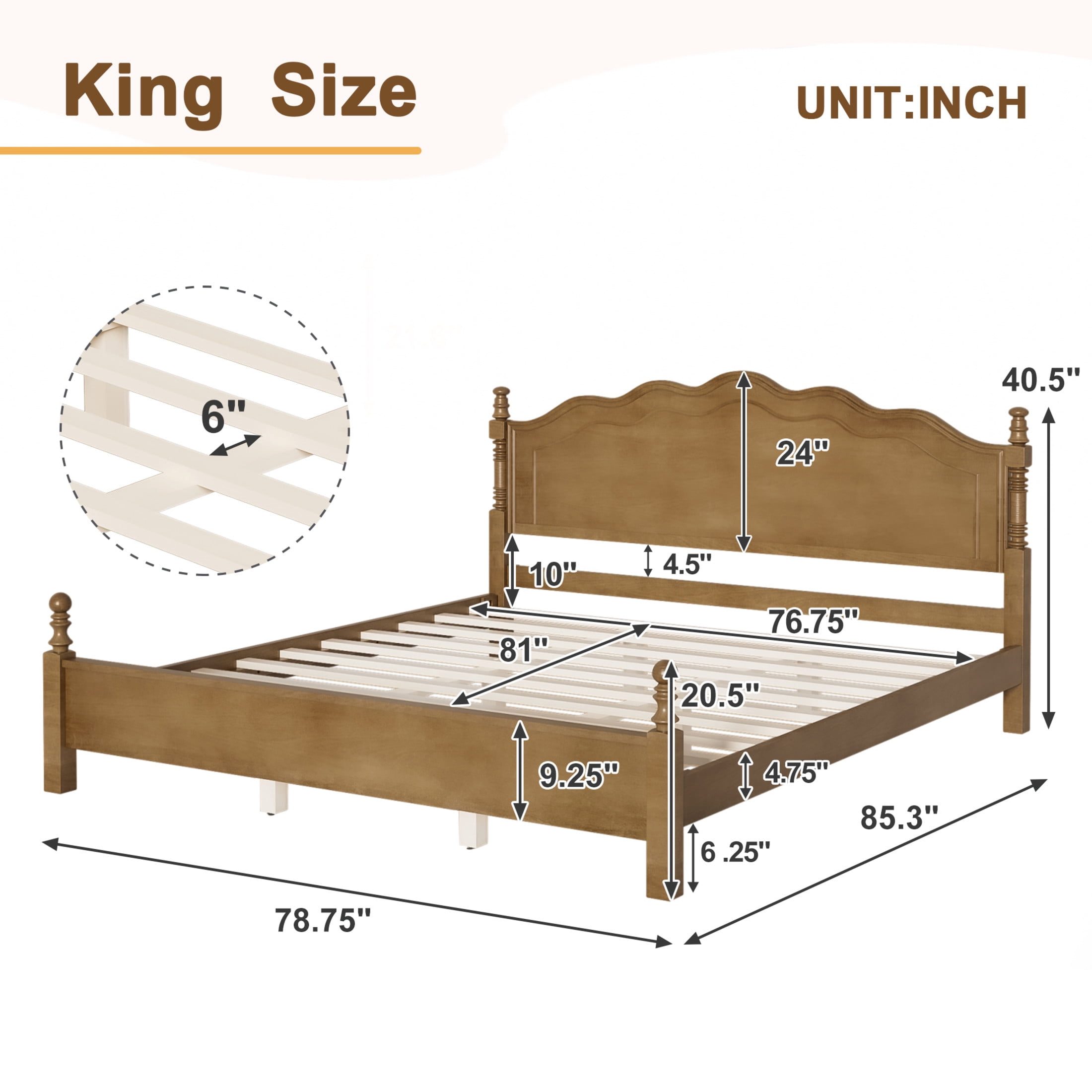 Noble House King Size Wood Platform Bed with Curved Headboard, Spindle Posts, Dark Oak