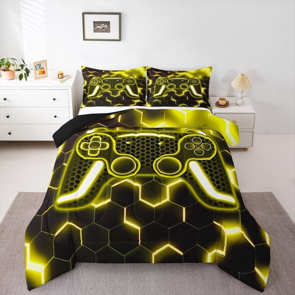Erosebridal Video Game Bedding Twin Comforter Set,Black Golden Down Comforter,Geometric Decoration,Reversible,Lightweight,2-Piece