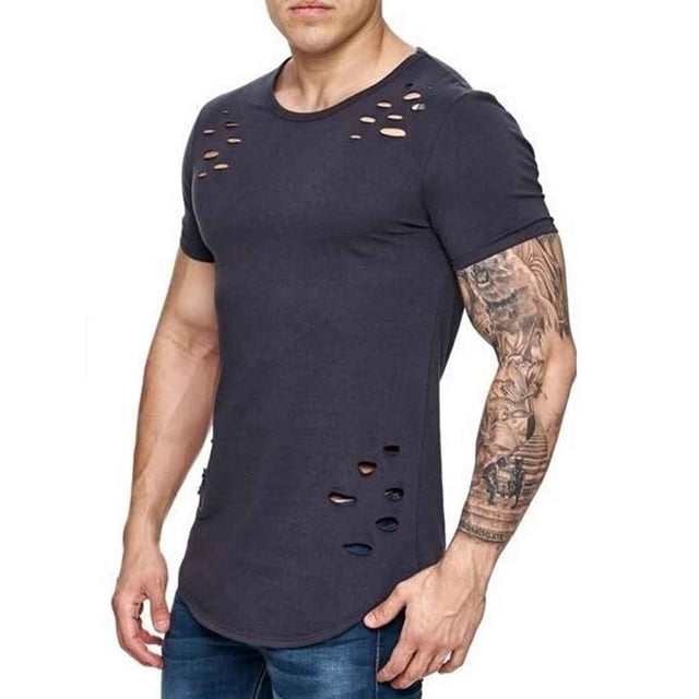 Camisetas de cuello redondo sueltas de color sólido rasgadas para hombre Camiseta de manga corta curvada ahuecada informal para hombre Advancent FS7578-29