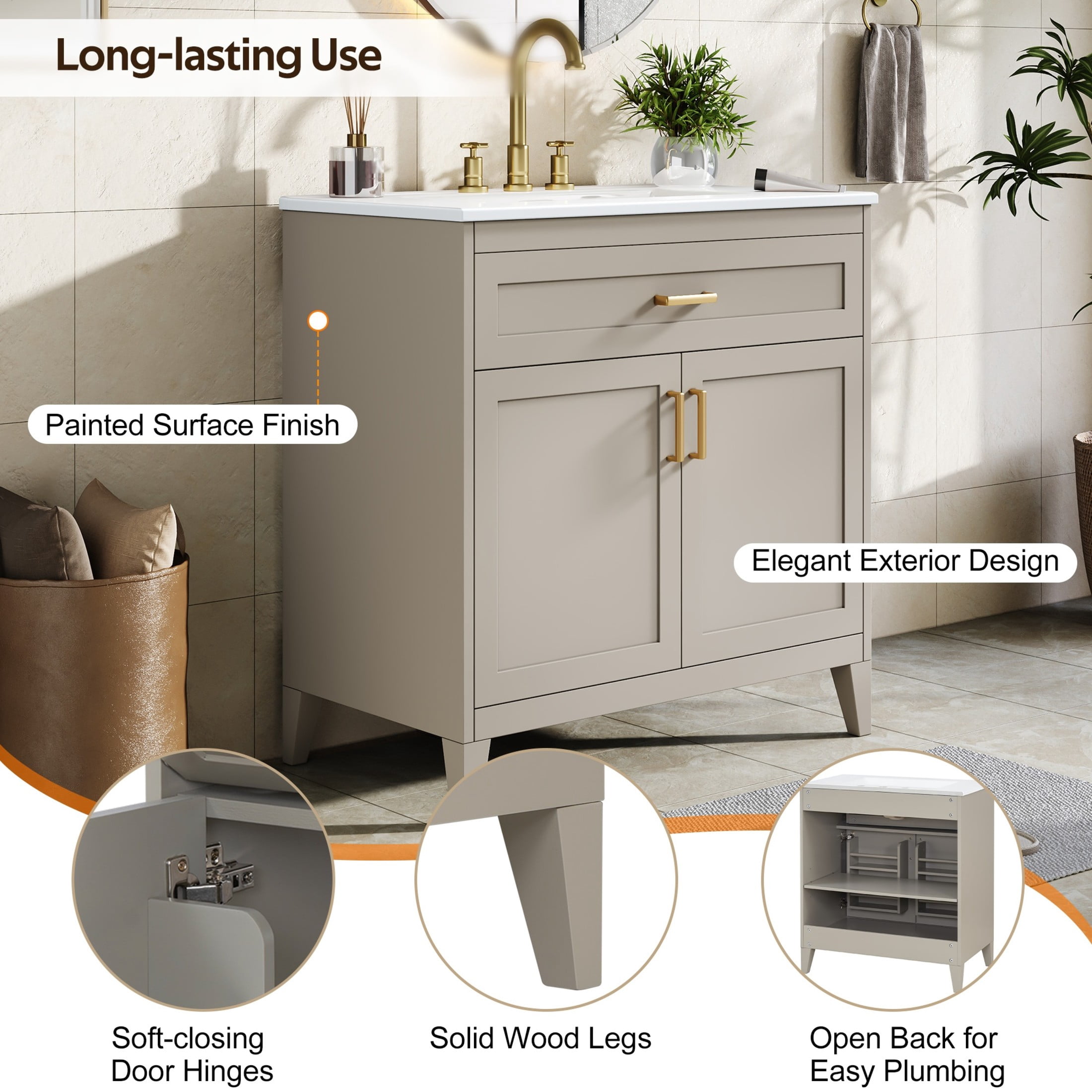 Christopher Knight Home 30" Bathroom Vanity with Ceramic Sink, Soft-Close Doors and Tip-Out Drawer, Beige