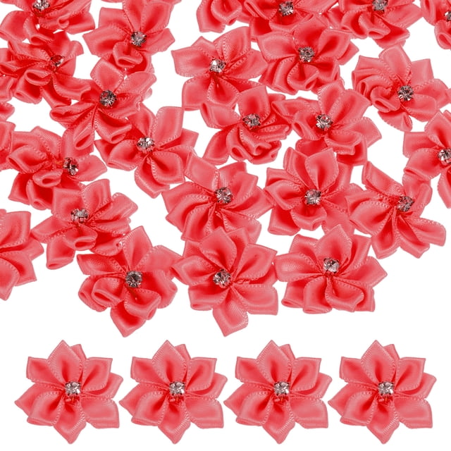 Uxcell 100-Pack Flores de Cinta de Satén, Flores de Tela Mini de 1.2 Pulgadas con Strass para Manualidades y Proyectos de Bricolaje Color Rojo Sandía Oscuro