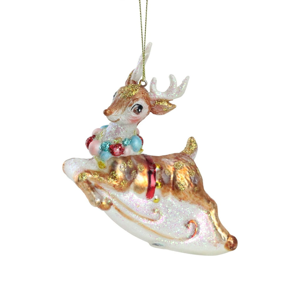 5.25" White and Red Glittered Reindeer Glass Christmas Ornament