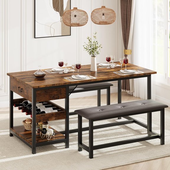 Dining Table Set for 4, Retro Dining Room Table with Benches, 3 Pieces Kitchen Table Set by Metal Frame and MDF, Rustic Kitchen Table with Storage for Small Space, Apartment