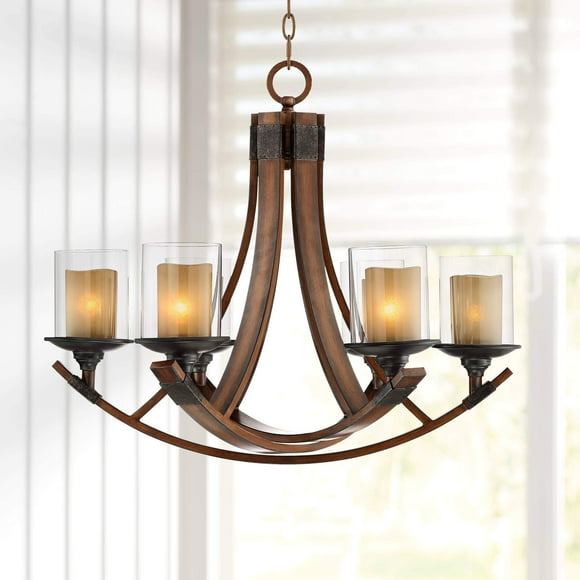 Franklin Iron Works Tafford Mahogany Wood Finish Chandelier 27 1/2" Wide Farmhouse Rustic Curving Clear Outer Scavo Inner Glass 6-Light Fixture for Dining Room House Kitchen Entryway Bedroom