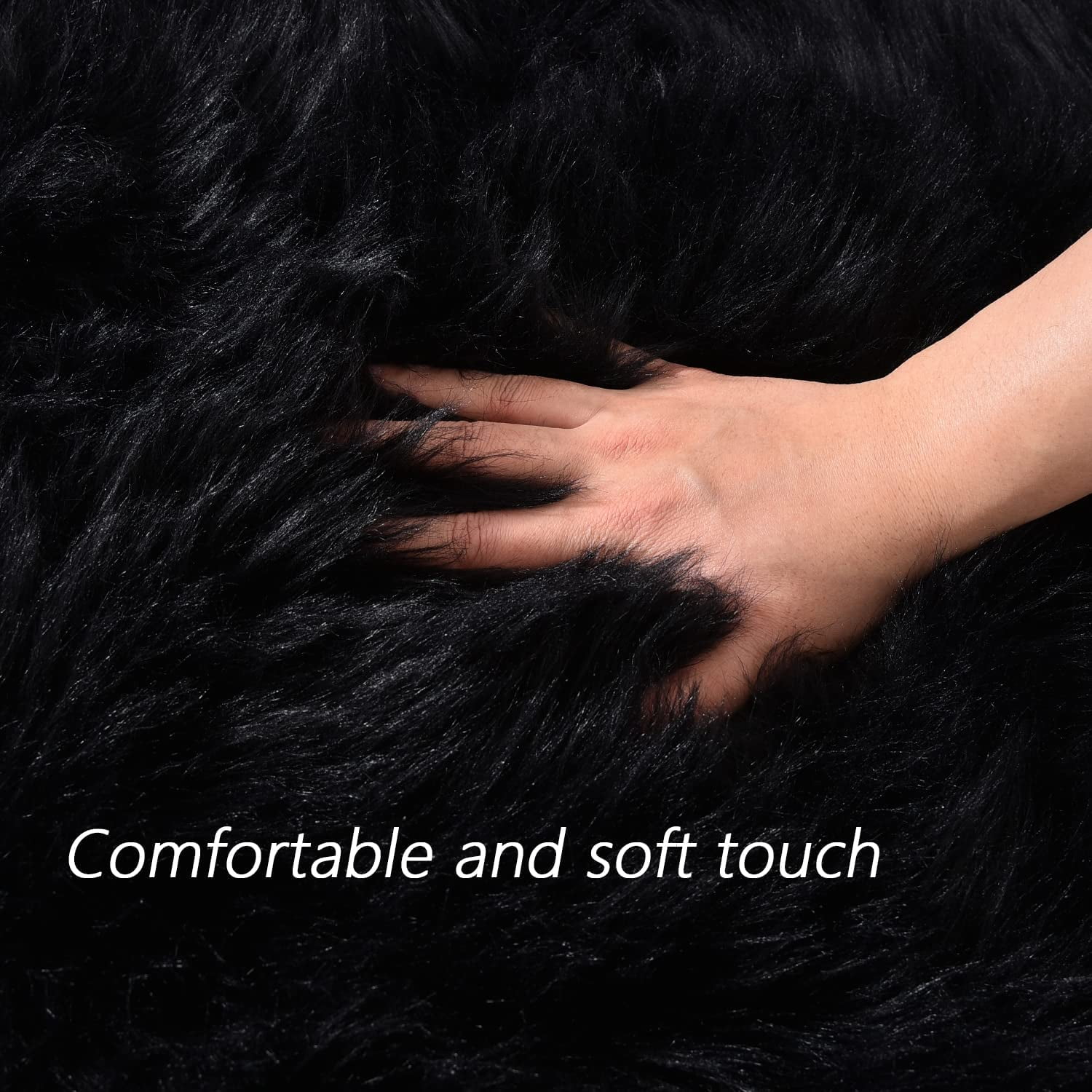 Latepis Area Rug 6.7x10, Faux Fur Sheepskin Rug for Living Room, Fluffy Washable Rug for Bedroom, Nursery, Luxury Room Decor, Black Fur Rug, Rectangle