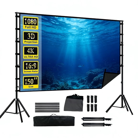 HVKDIEB 150 inch Projector Screen With Stand Soft Grey Wrinkle-Free Anti-Light 160° Viewing Angle Reflective Screen Outdoor