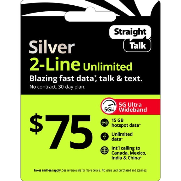 Straight Talk $75 Silver 2-Line Unlimited 30-Day Prepaid Plan 15 GB Hotspot Data Int'l Calling e-PIN Top Up (Email Delivery)