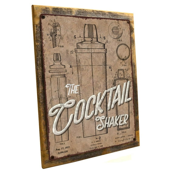 Framed Cocktail Shaker Patent Illustration 9"x12" Metal Sign, Wall Decor for Mancave, Den, or Gameroom, Hand-Crafted from reclaimed materials