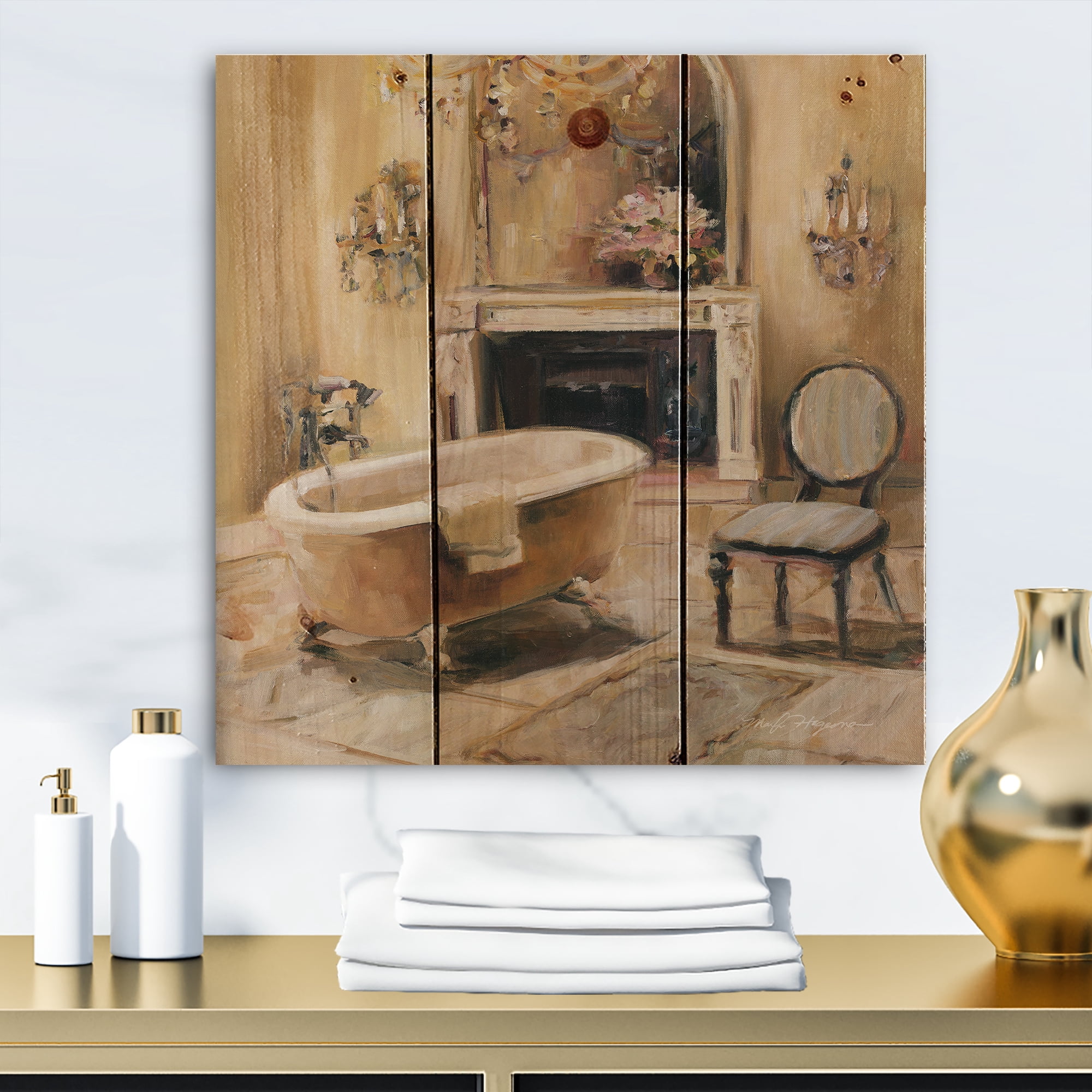 Designart 'French Bath I' Traditional Bathroom Print on Natural Pine Wood