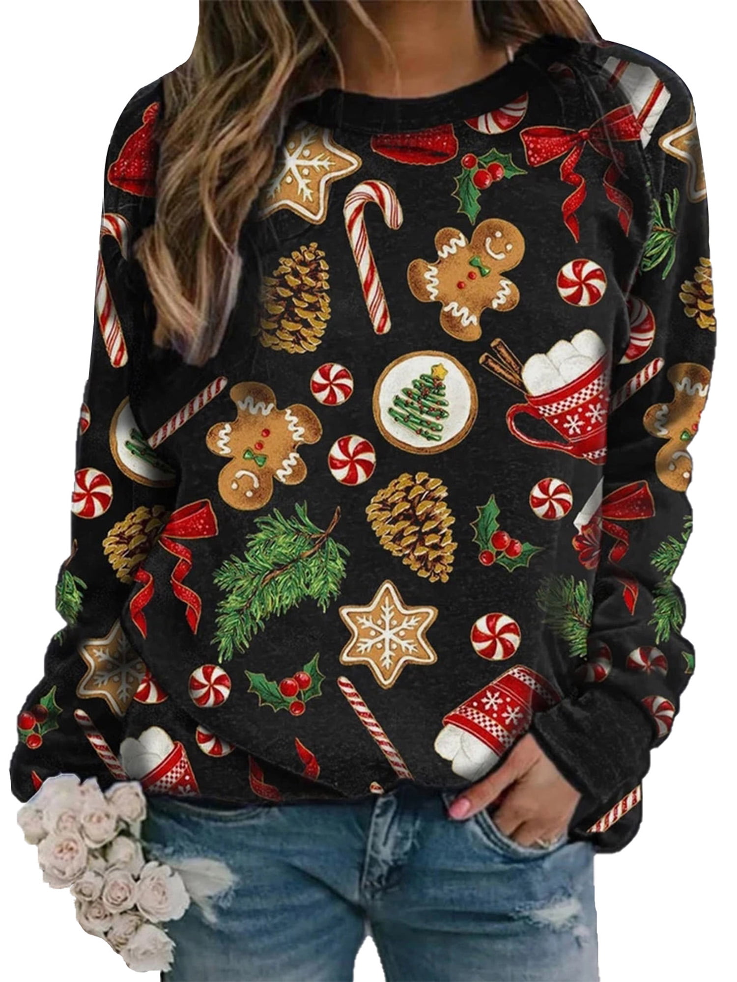 Christmas Sweatshirts for Women Cute Xmas Floral Graphic Long Sleeve ...