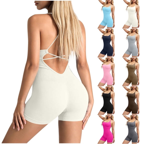 Women’s Seamless Yoga Jumpsuit One Piece Workout Romper, Backless Criss Cross Spaghetti Strap Bodycon Short Bodysuit for Gym Fitness Running Pilates White L