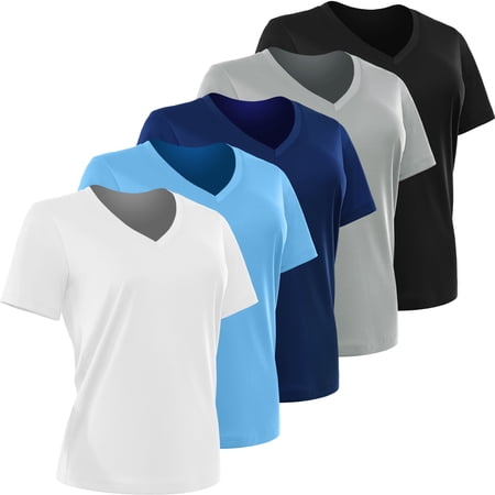 [5 Pack] Cadmus Women's Dry-Fit Wicking Short Sleeve T Shirts Sun Protection Activewear Running Yoga Workout Gym Tee Top,Blue/Gray/Black/Navy/White,XL