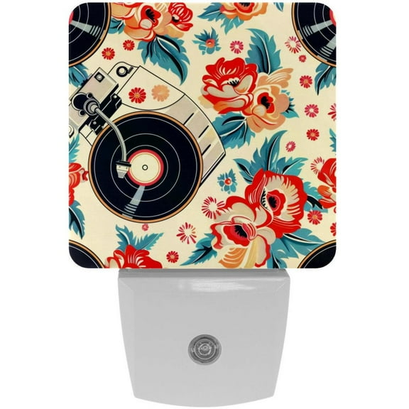PhooArto Record Player Colorful Pattern Plug in LED Night Light Auto Sensor Dusk to Dawn Decorative Night for Bedroom, Bathroom, Kitchen, Hallway, Stairs, Baby's Room, Energy Saving