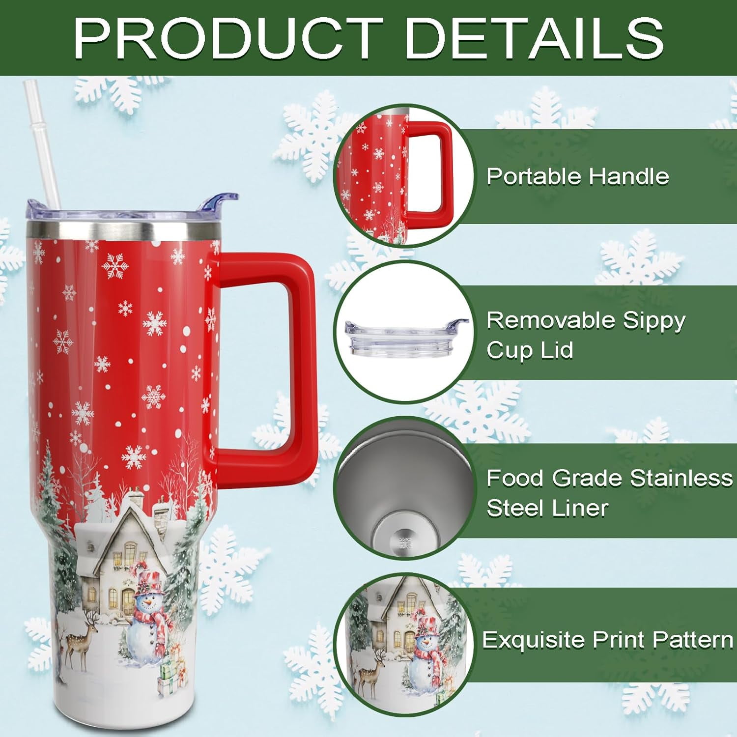 40oz Christmas Tumbler With Handle Lid and Straw, Stainless Steel Pink Xmas Snowman Insulated Coffee Cup, Christmas Gifts for Women/Mom/Daughter/Aunt/Girlfriend