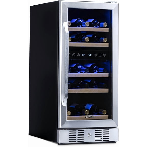 Restored Newair AWR-290DB-RB 15" Dual Zone Wine Fridge with Beech Wood Shelves, 29 Bottles, Stainless Steel (Refurbished)