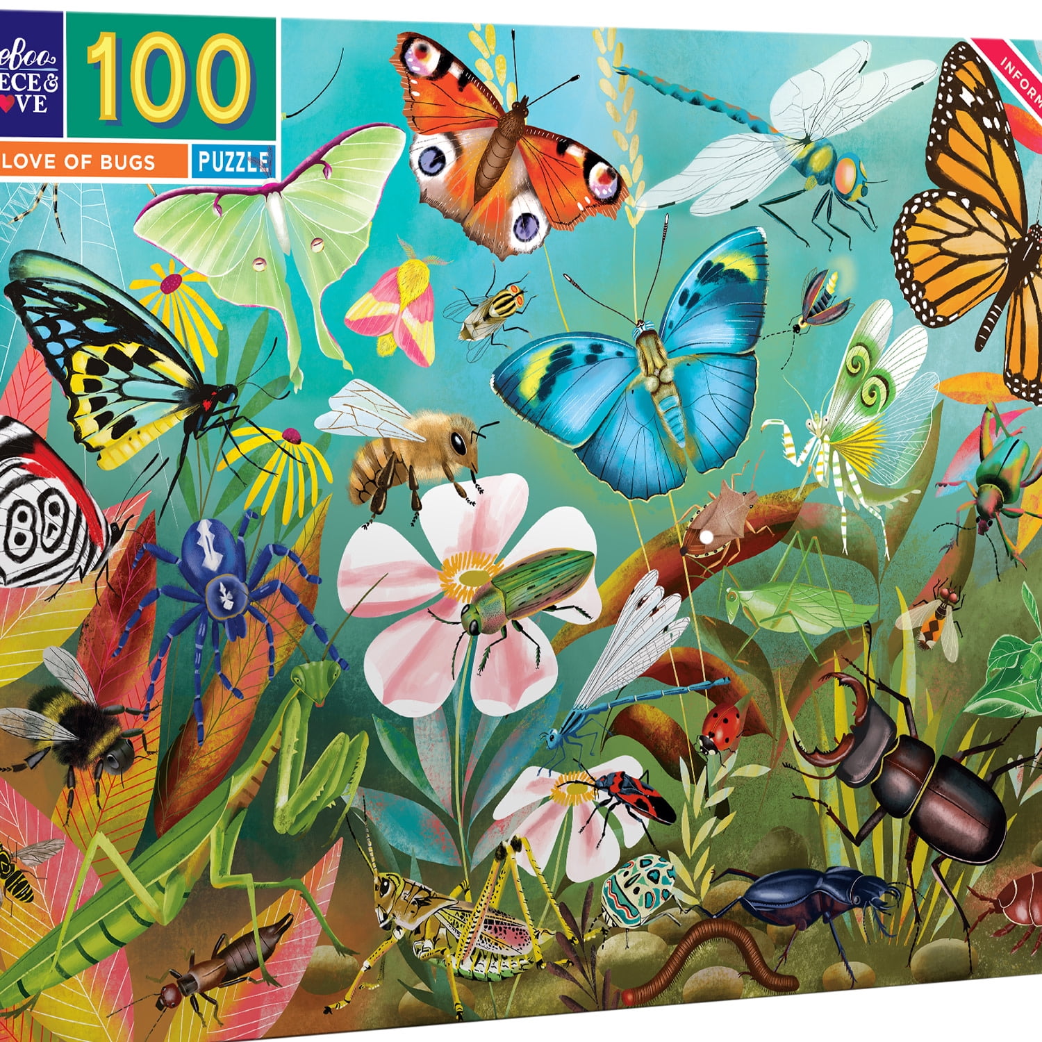 eeBoo: Love Of Bugs - 100 Piece Puzzle - 24 x 16" Kids Jigsaw, Glossy High-Quality Pieces, Children Ages 5+