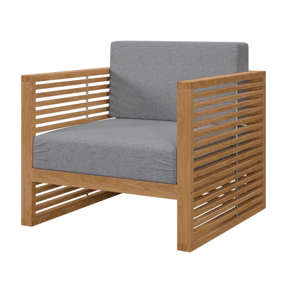 Lounge Chair Armchair, Grey Gray Natural, Teak Wood, Fabric, Modern Contemporary, Outdoor Patio Balcony Cafe Bistro Garden Furniture Hotel Hospitality