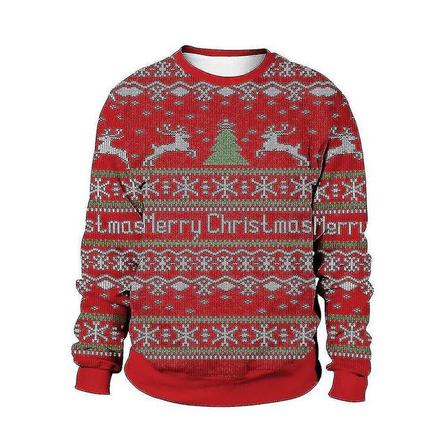 Pull de Noël Hiver Automne Col Rond Chandail en Molleton avec Imprimé Renne Père Noël