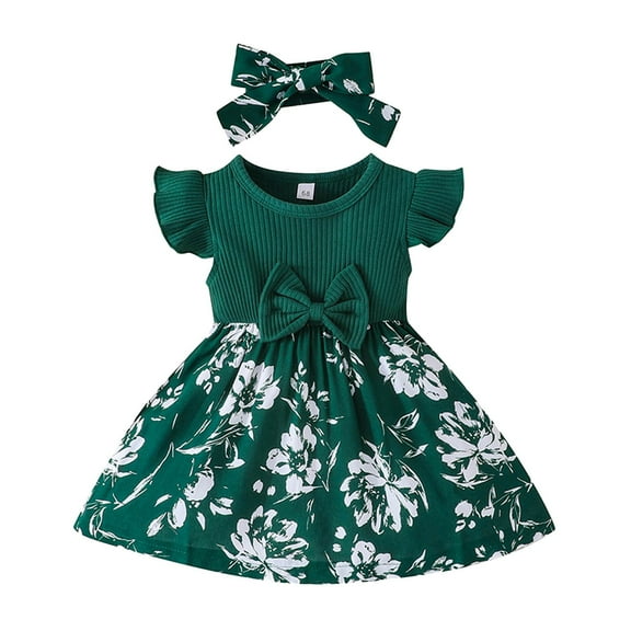 Staki Pattern Dress for Girls Girls Dress Summer Spring Lace Fly Sleeve Round Neck Casual Dress 3-24M(Green,18-24 Months)