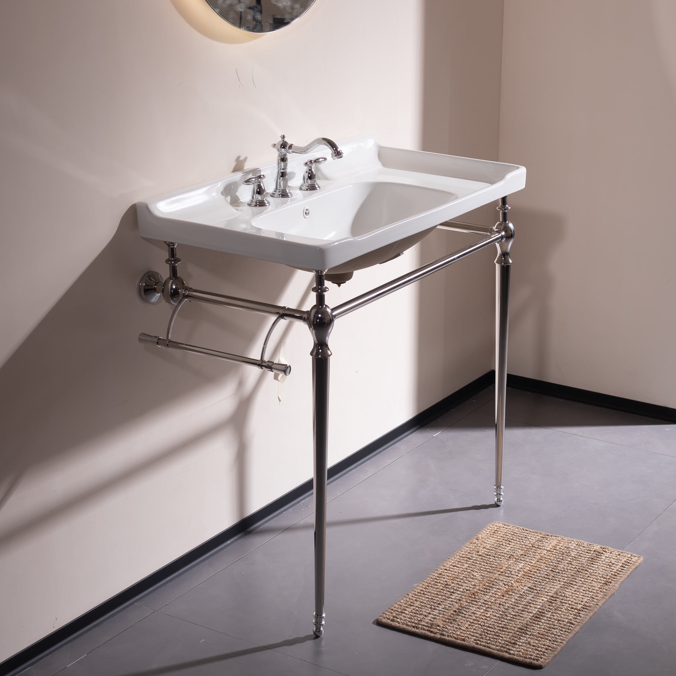 Noble House VICI 36" Bathroom Console Sink, Wall-Mounted Ceramic Basin Vanity with Stainless Steel Legs, White & Chrome