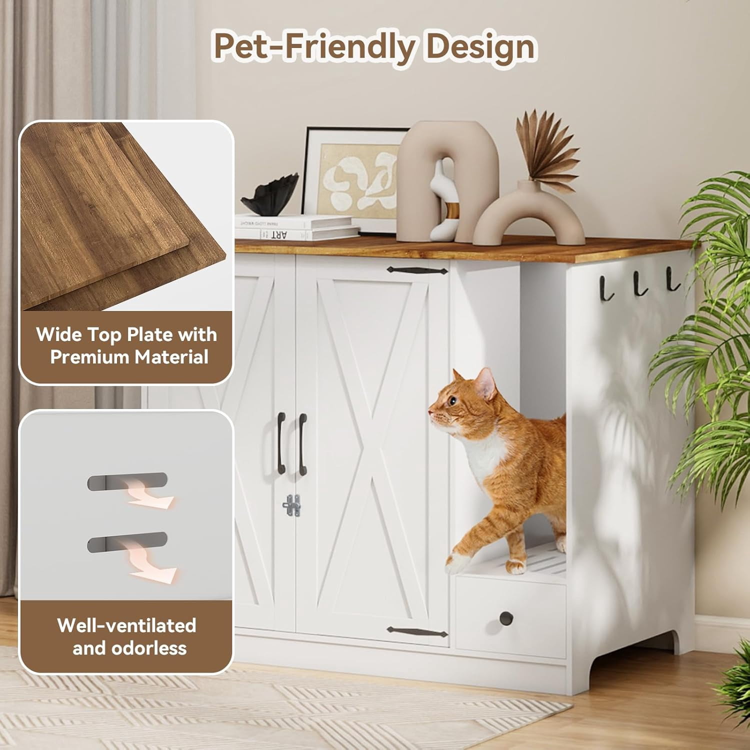 PULUOMIS Large/Tall Cat Litter Enclosure, Litter Box Furniture Hidden, Cat Litter Box Enclosure Cabinet Large with Double Doors and Pull-Out Drawer for Self-Cleaning Litter Boxes