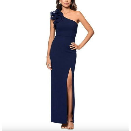 Xscape Petite One-Shoulder Ruffle Gown - Navy - 12PUS