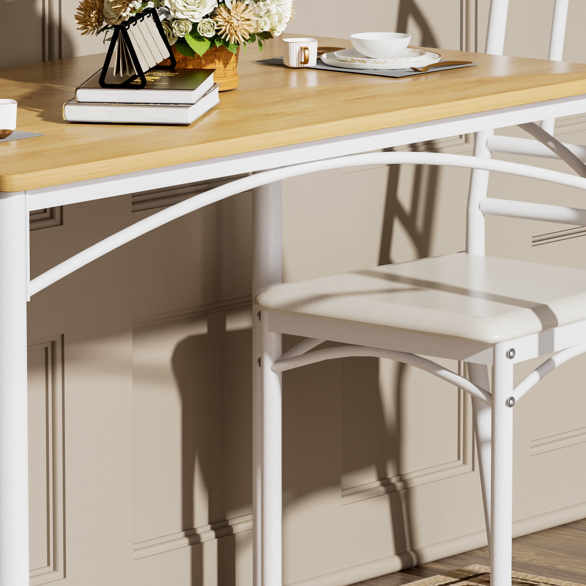 Aukfa 5-Piece Industrial Dining Table Set for 4, Kitchen Table and Chairs with PU Cushioned Seats, Natural