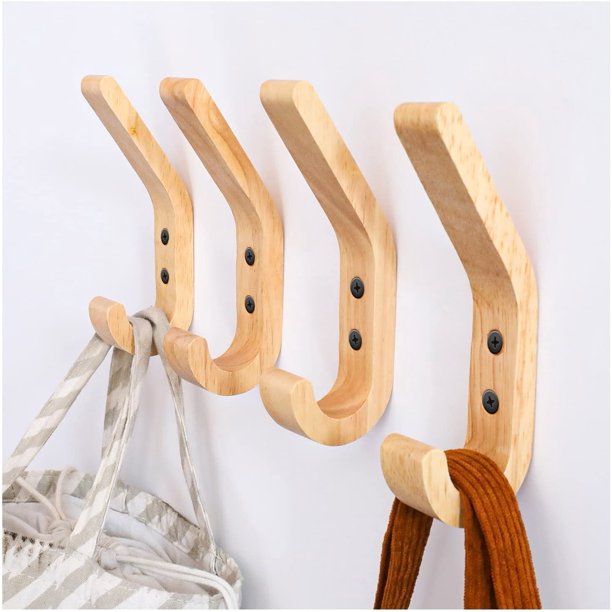 Ganchos para abrigos en forma de J de 4 piezas de 155 mm, ganchos para toallas montados en la pared mejorados, roble grado A, superficie pulida a mano, adecuados para cocina y dormitorio