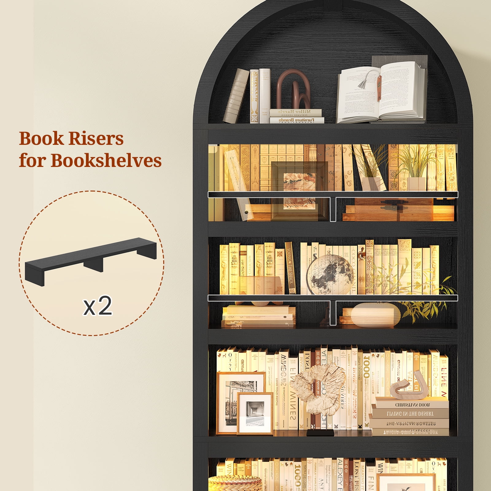 79.4" Tall Arched Cabinet, Modern 7-Tier Bookshelf with RGB Light and Adjustable Shelf for Living Room, Kitchen, Home Office, Black