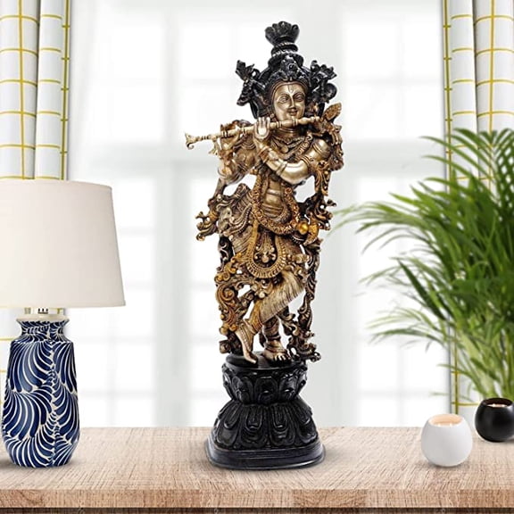 Brass Lord Krishna Murti Playing Flute Gold and Black Finish Big Size Metal Idol for Home Decor Temple Pooja Room Gallery Gift Height 29 Inch
